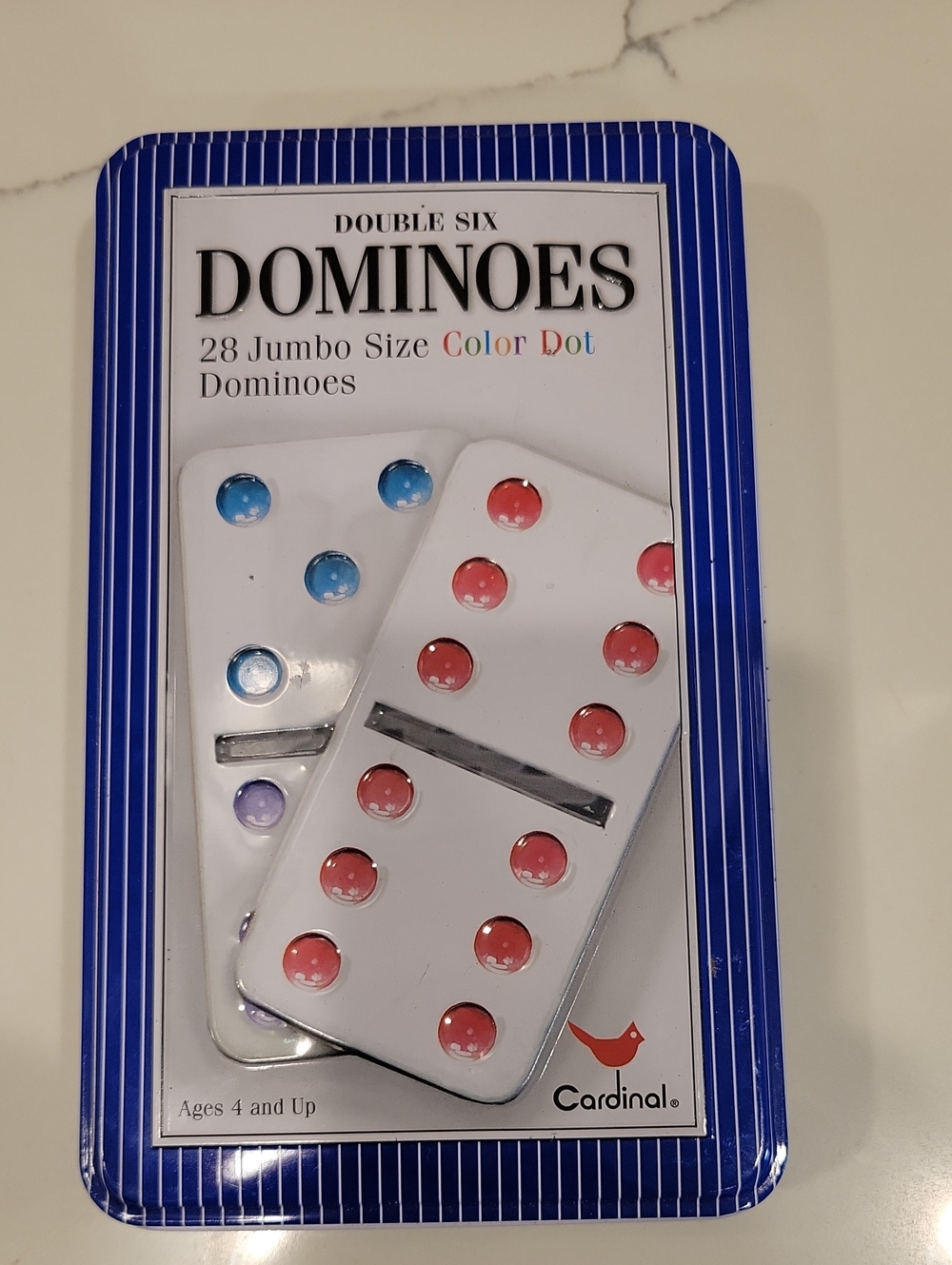 Cardinal Double Six Jumbo Color Dot Dominoes - White with Red & Blue Dots